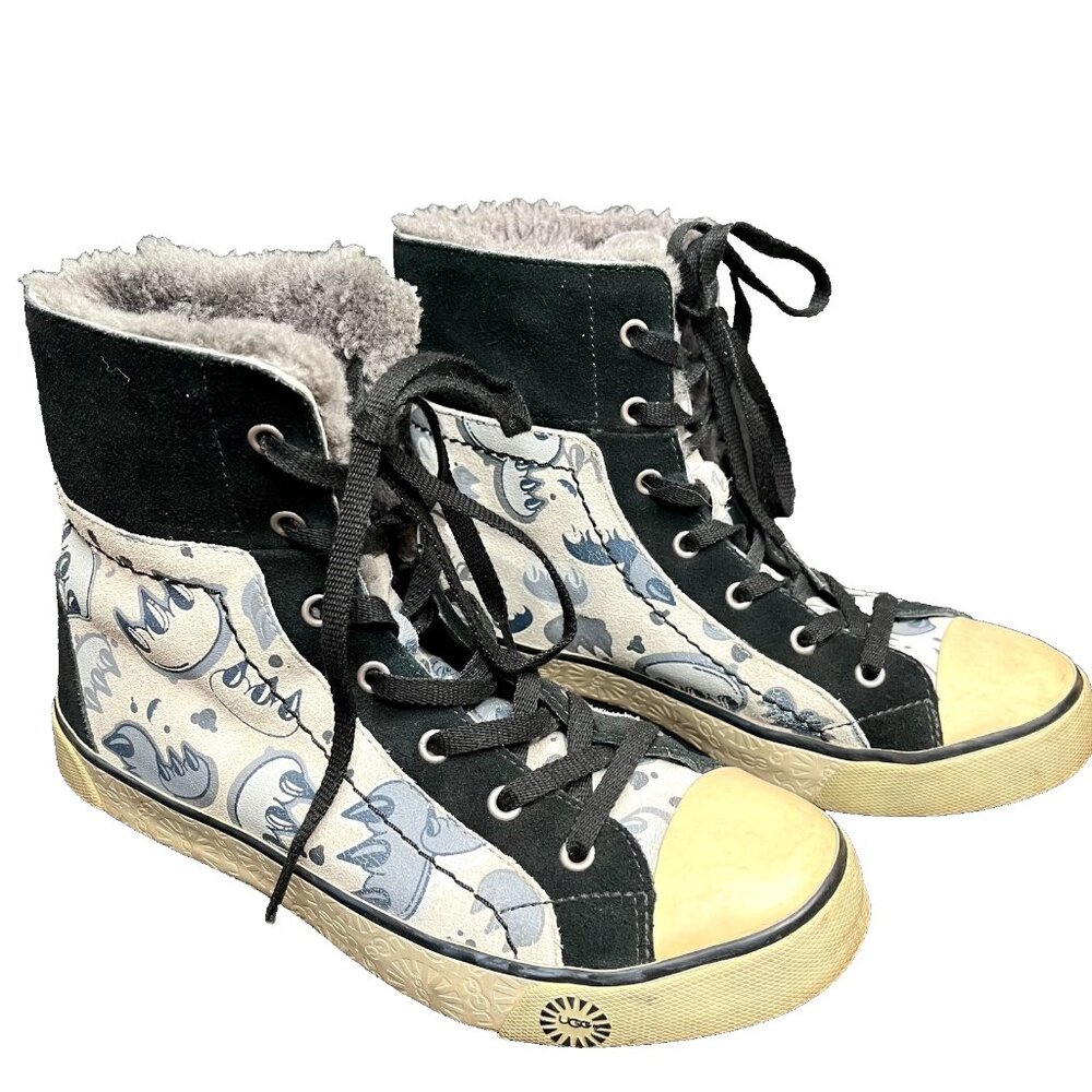UGG Stellah Hightop Sneakers Size US 7 Blue Claw Graffiti Fur Lined Boots Shoes